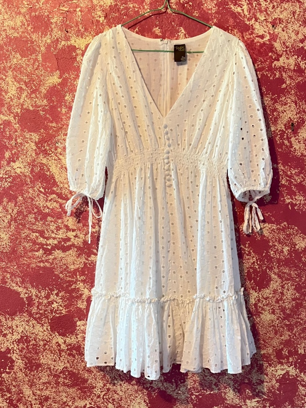 Taylor Women's White Eyelet Half-Sleeve V-Neck Smocked A-Line Dress Size 10